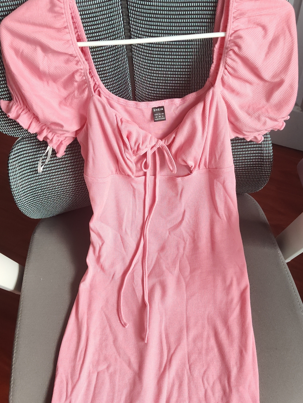 SHEIN Pink Puff Sleeve Tie-Front Ribbed Women's Top